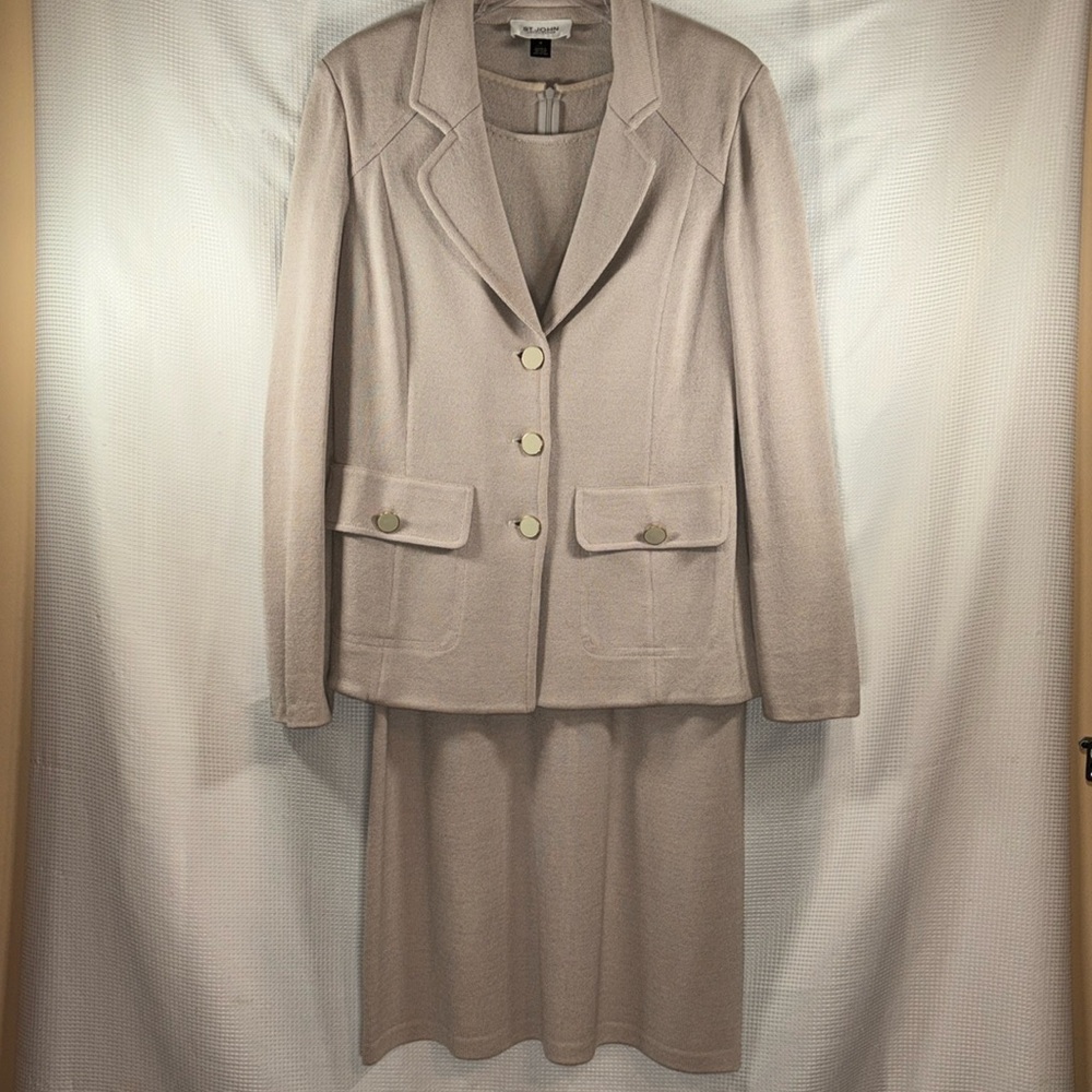 St. John Collection Beige Dress and Jacket Suit, Size 12/14.